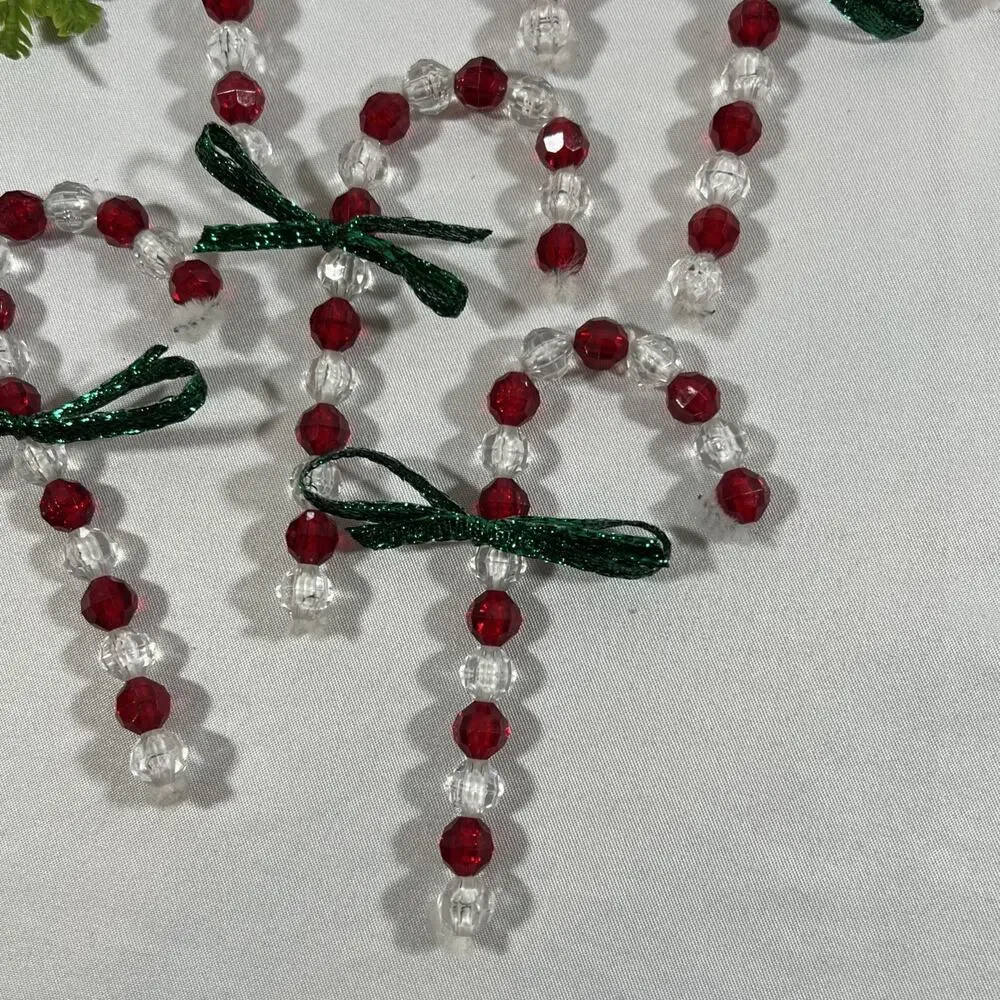 Vintage Beaded Candy Canes on Chenille Stems* Dark Red w/ Green Bows Set of 7